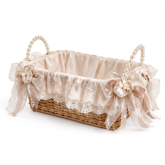 Pearl Handle Rattan Storage Basket with Lace & Flowers