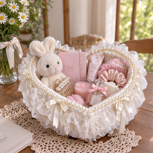 Heart Satin Basket with Pearls & Lace