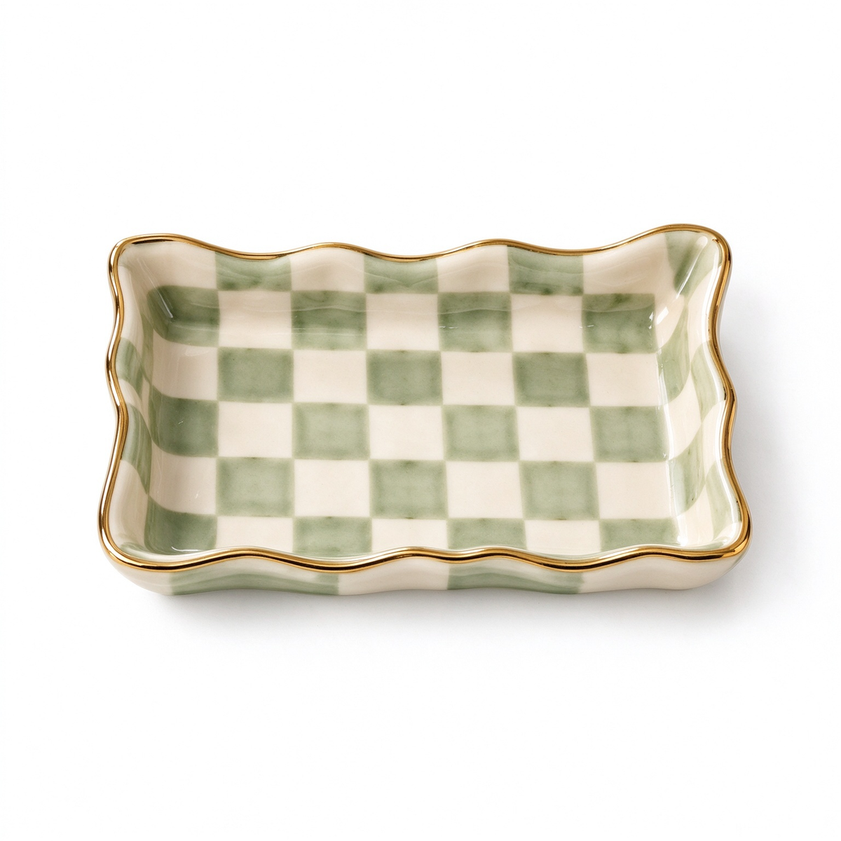 Mint Checkerboard Ceramic Trinket Tray with Gold Edge