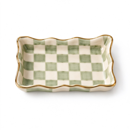 Mint Checkerboard Ceramic Trinket Tray with Gold Edge