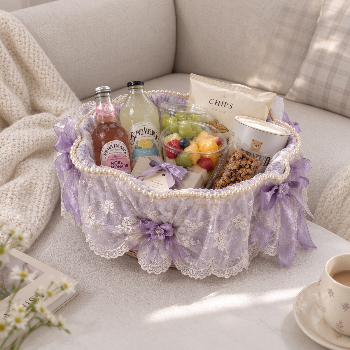 Heart Lavender Lace Basket with Pearls