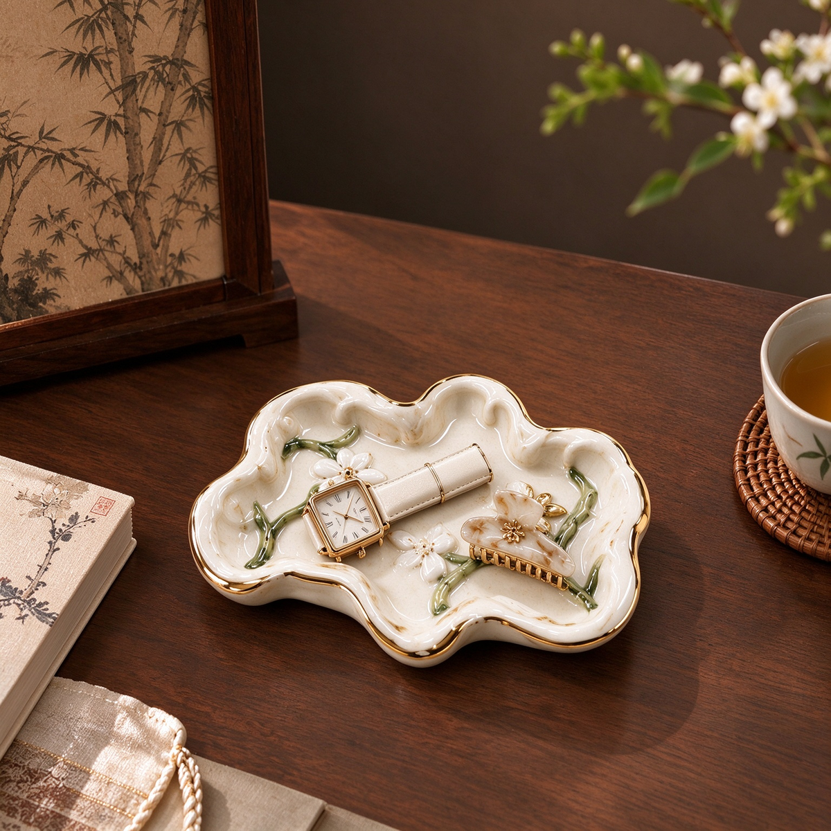 Cloud-Shaped Floral Ceramic Trinket Dish