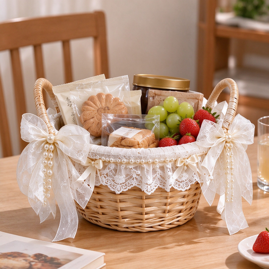 Flower Girl Rattan Basket with Lace & Tulle Bows