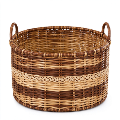 Round Two-Tone Rattan Storage Basket with Handles