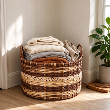 Round Two-Tone Rattan Storage Basket with Handles