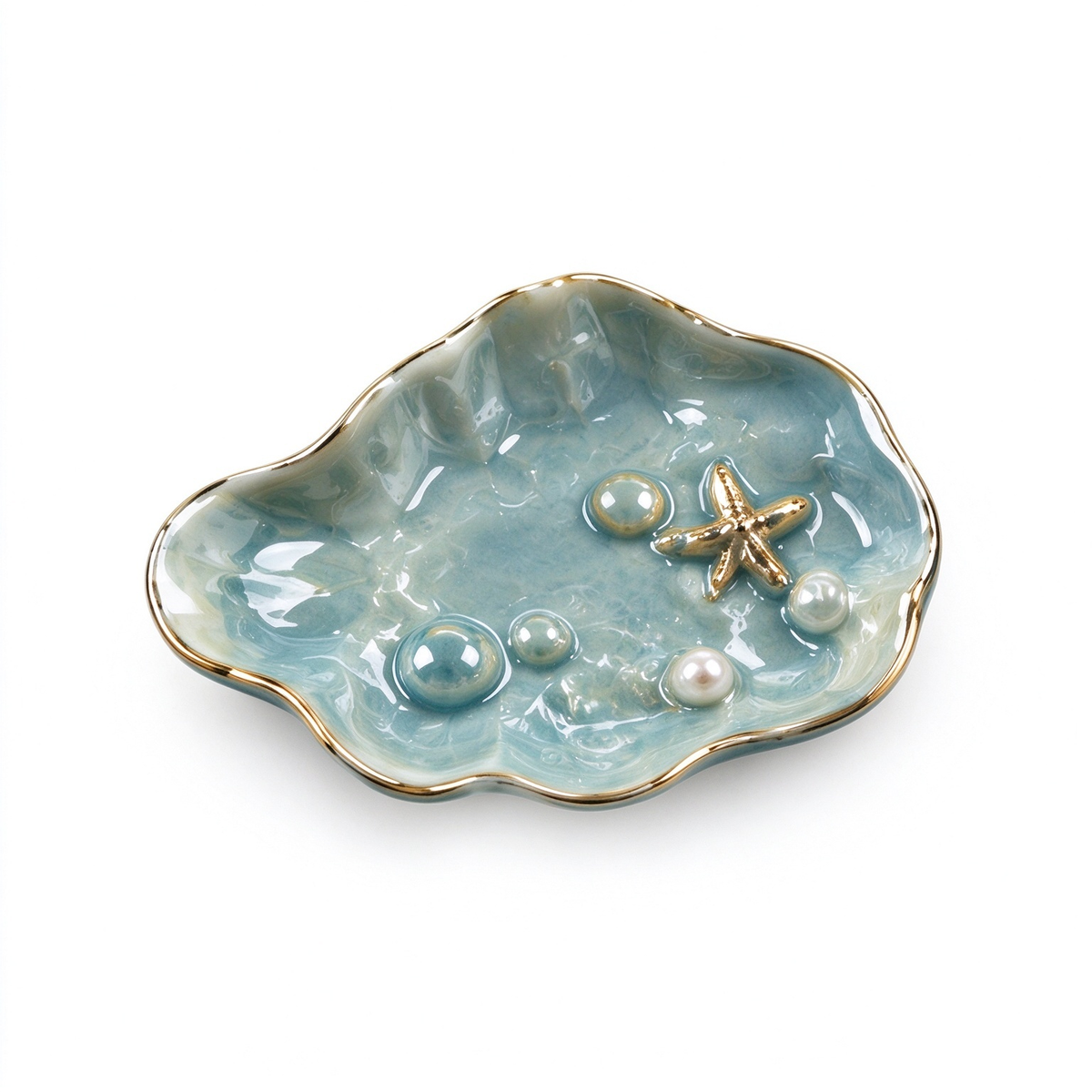 Ocean Seashell Ceramic Trinket Dish with Gold Starfish