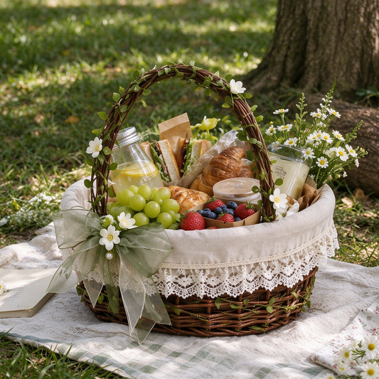 Green Vine Rattan Basket with Tulle Bow & Flowers