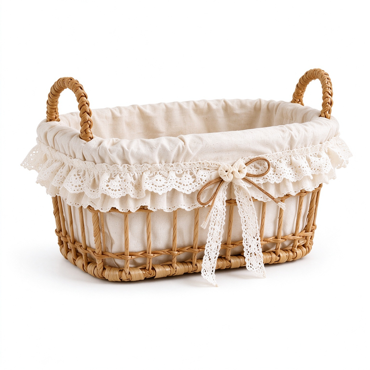 Rattan Storage Basket with Double Lace & Bow