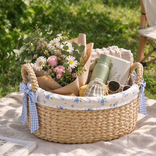 Woven Storage Basket with Blue Floral Lining & Gingham Bow