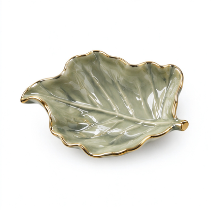 Sage Leaf Ceramic Trinket Tray with Gold Edge