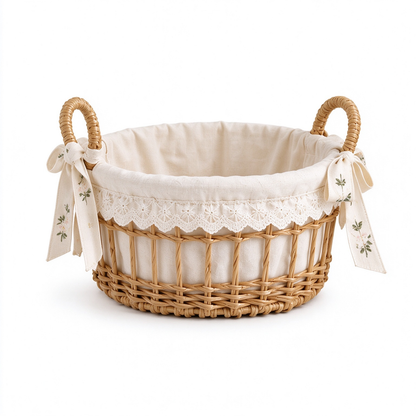Openwork Rattan Storage Basket with Floral Bow