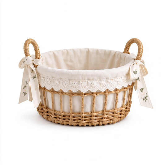 Openwork Rattan Storage Basket with Floral Bow