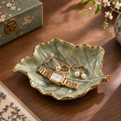 Sage Leaf Ceramic Trinket Tray with Gold Edge