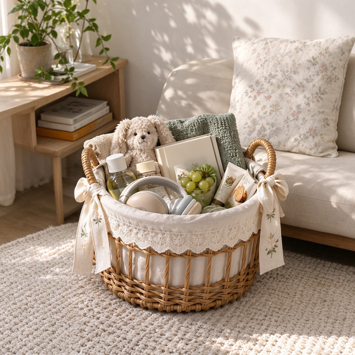 Openwork Rattan Storage Basket with Floral Bow