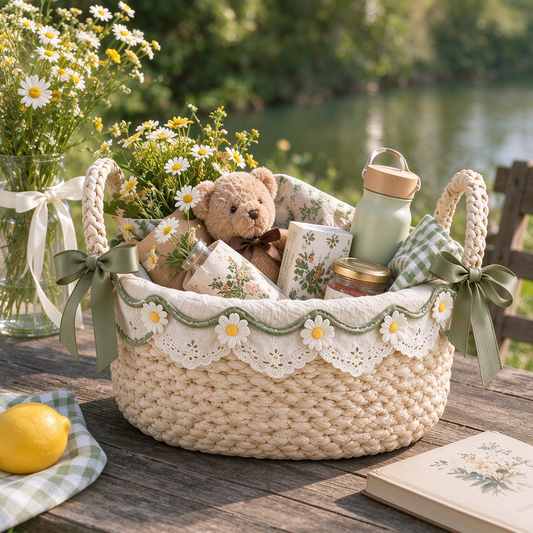 Woven Storage Basket with Daisy Embroidery & Olive Bow