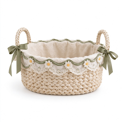 Woven Storage Basket with Daisy Embroidery & Olive Bow