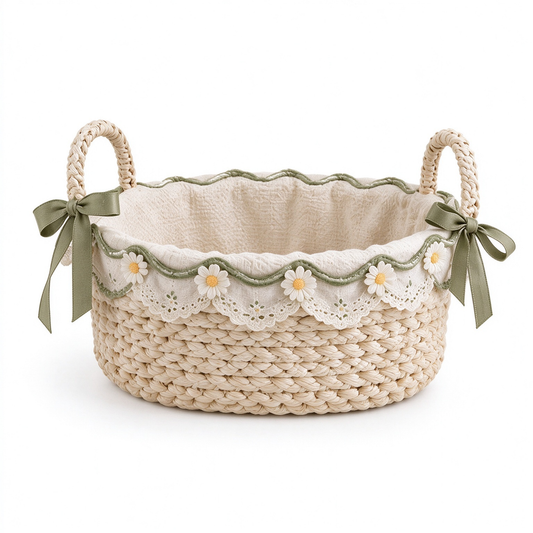 Woven Storage Basket with Daisy Embroidery & Olive Bow