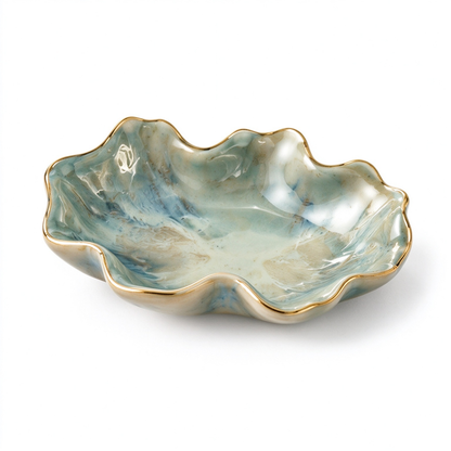 Marble Wave Petal Ceramic Trinket Dish with Gold Edge