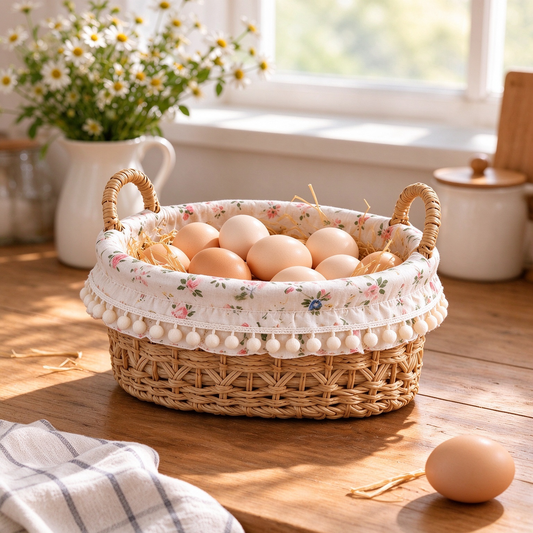 Rattan Storage Basket with Pink Floral Lining & Pom-Pom Fringe