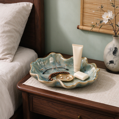 Marble Wave Petal Ceramic Trinket Dish with Gold Edge