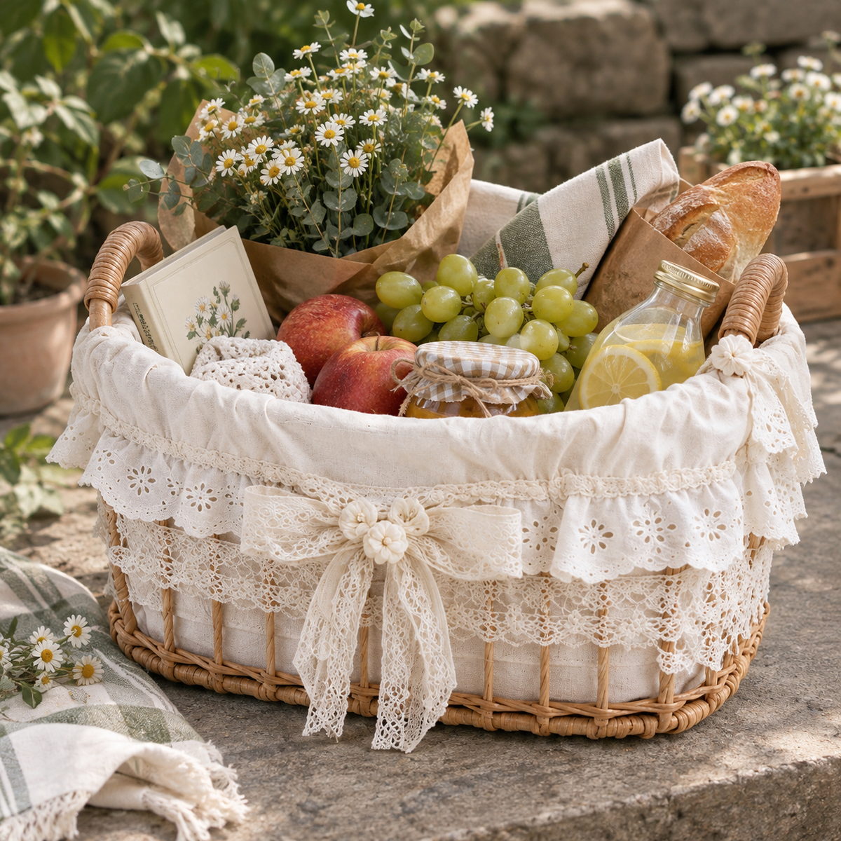 Rattan Storage Basket with Multi-Layer Lace & Bow