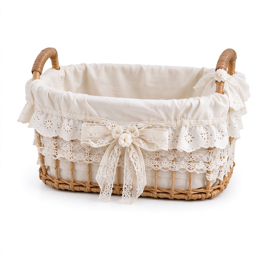 Rattan Storage Basket with Multi-Layer Lace & Bow
