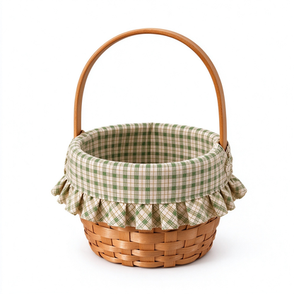 Handwoven Wooden Basket with Gingham Lining