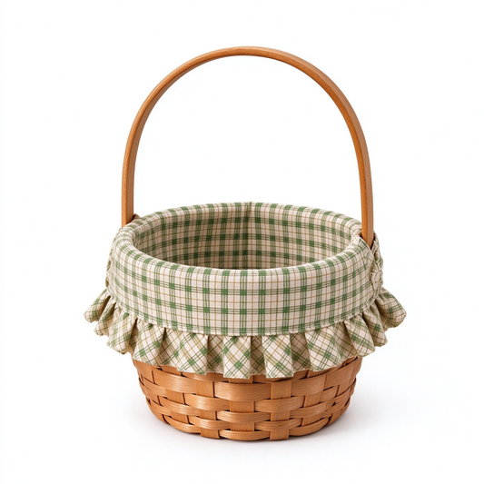 Handwoven Wooden Basket with Gingham Lining