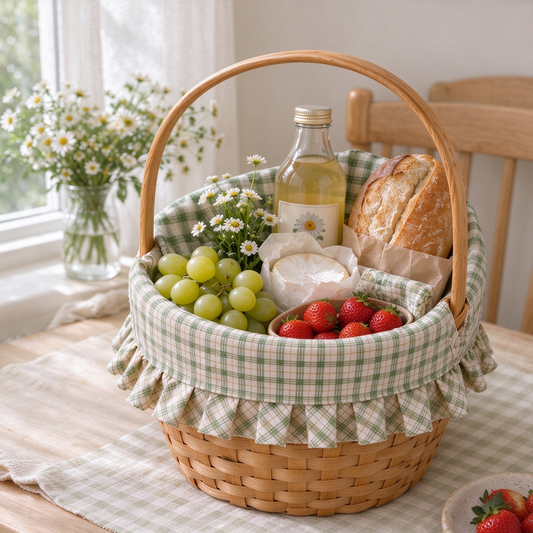 Handwoven Wooden Basket with Gingham Lining