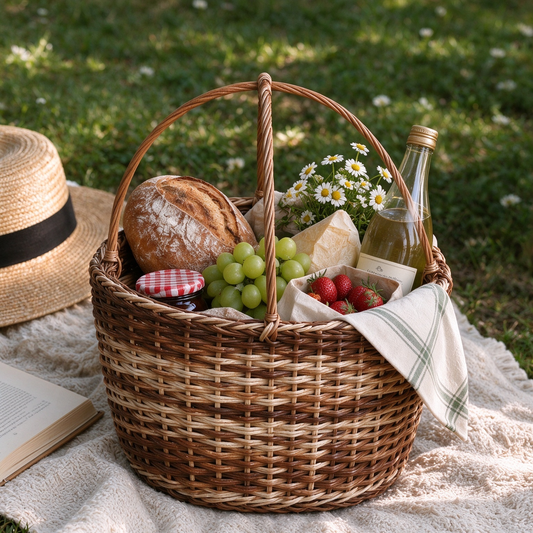 Round Barrel Rattan Storage Basket with Arch Handle