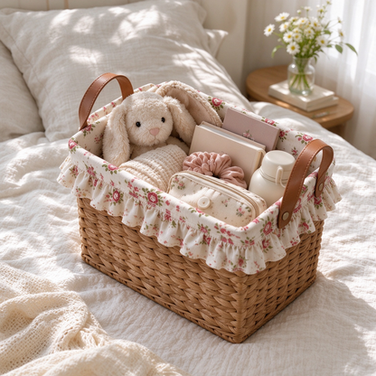 Square Storage Basket with Rose Fabric Lining & Leather Handles