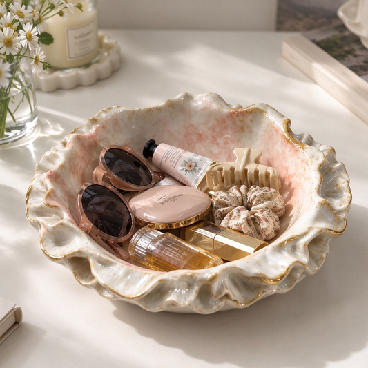 Ruffle Edge Peach Ceramic Trinket Bowl with Gold Trim