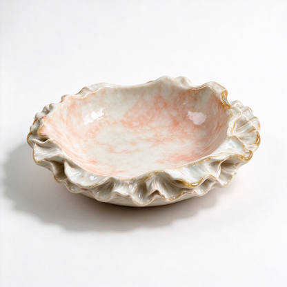 Ruffle Edge Peach Ceramic Trinket Bowl with Gold Trim