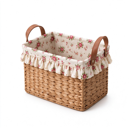 Square Storage Basket with Rose Fabric Lining & Leather Handles