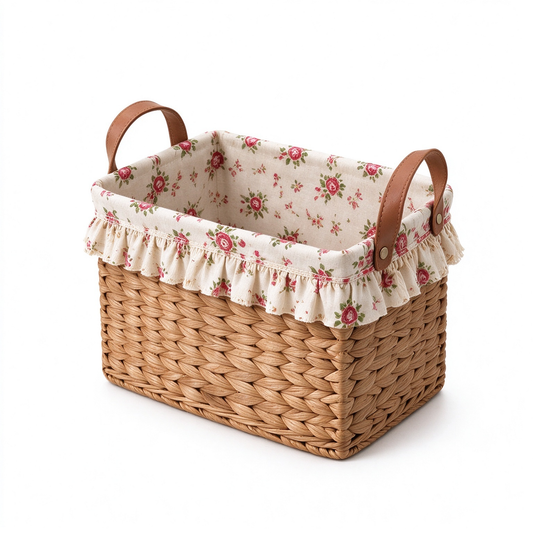 Square Storage Basket with Rose Fabric Lining & Leather Handles