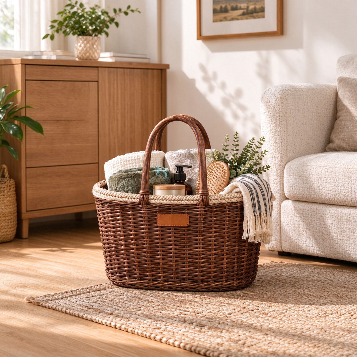 Brown Rattan Basket with Wooden Handles & Leather Tag