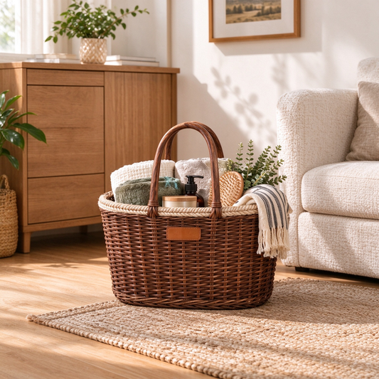 Brown Rattan Basket with Wooden Handles & Leather Tag