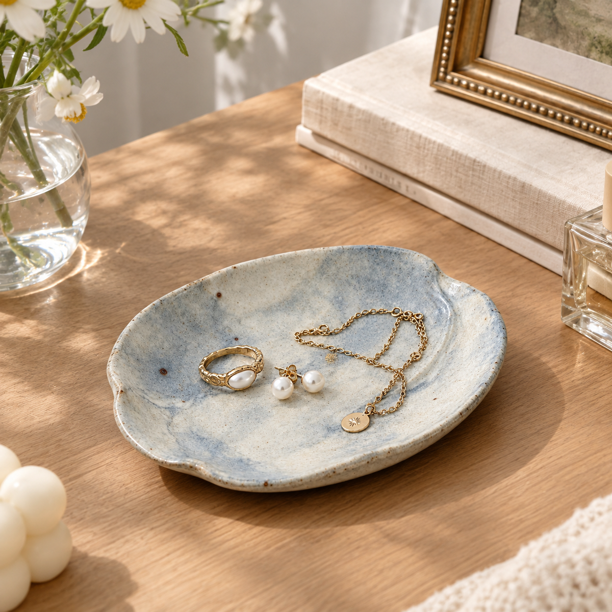 Marble-White Ceramic Trinket Dish with Blue-Gray Veining