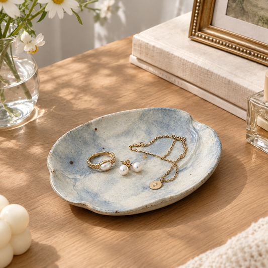 Marble-White Ceramic Trinket Dish with Blue-Gray Veining
