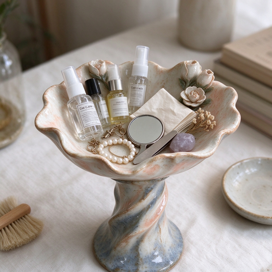 Handmade Pedestal Floral Ceramic Trinket Bowl