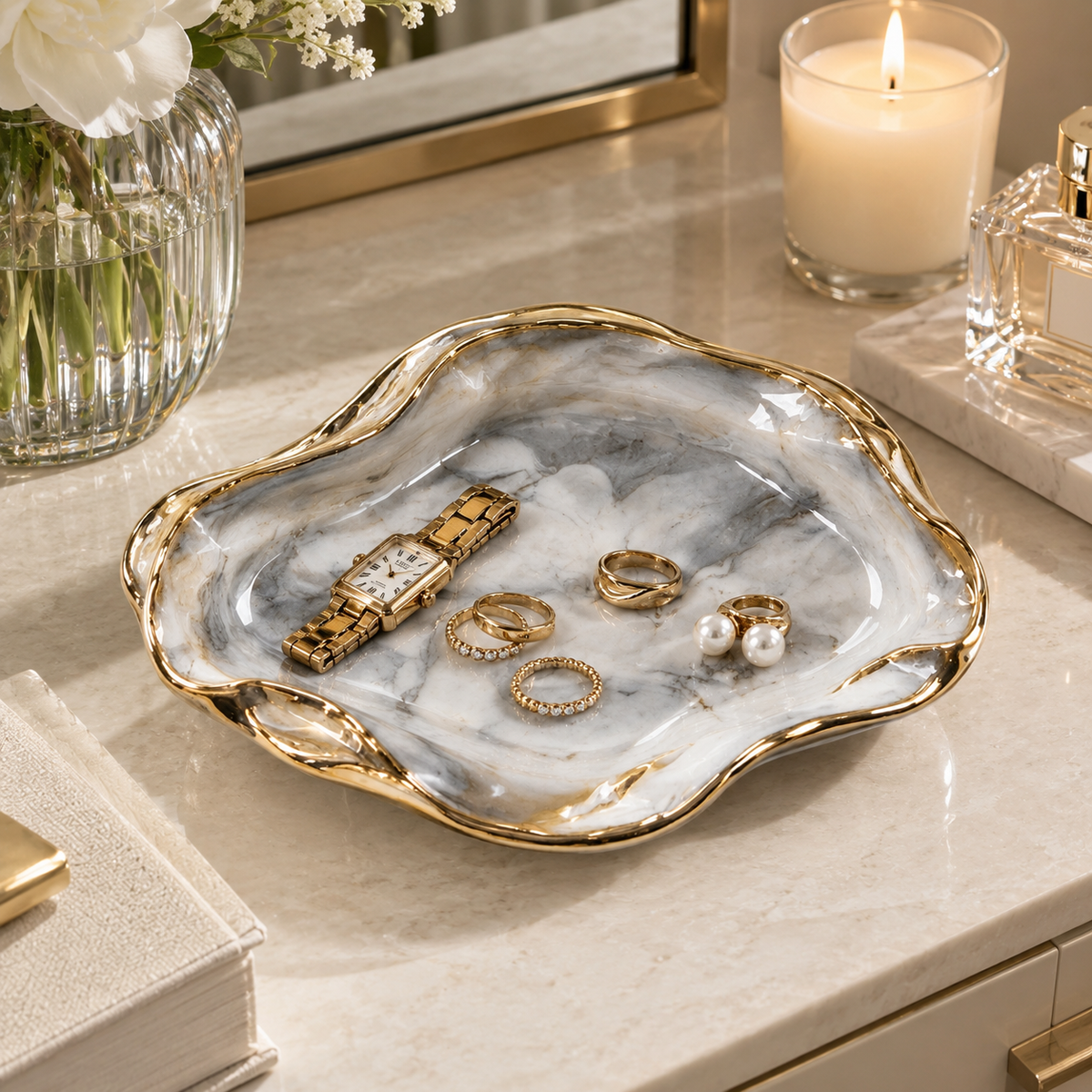 Luxury Marble Ceramic Trinket Tray with Gold Rim
