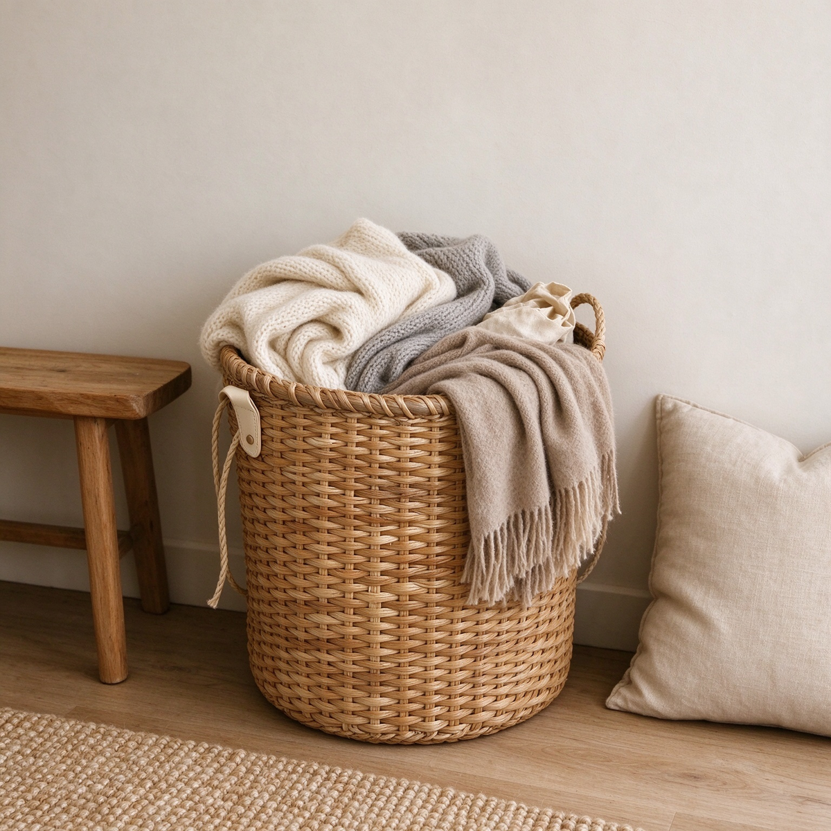 Cylindrical Rattan Storage Basket with Leather Panels