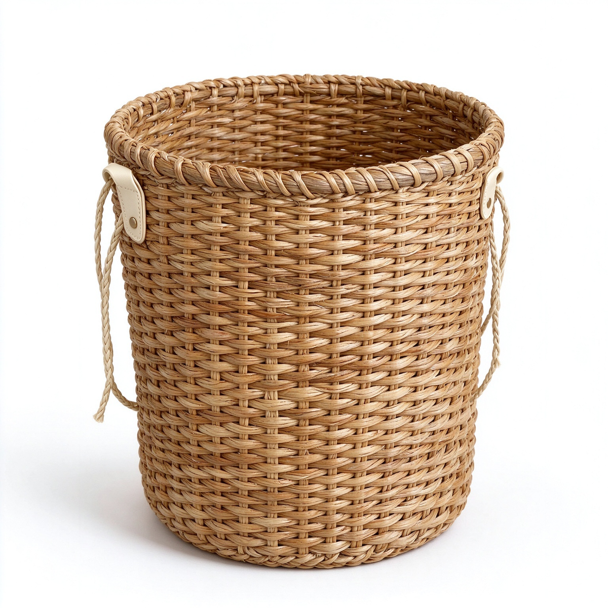 Cylindrical Rattan Storage Basket with Leather Panels