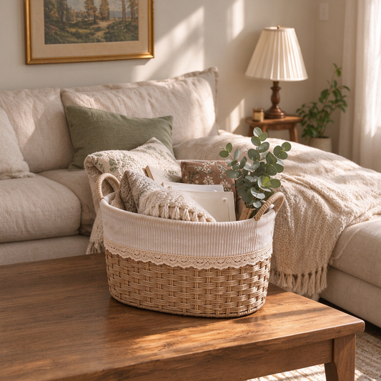 Oval Corduroy & Lace Storage Basket