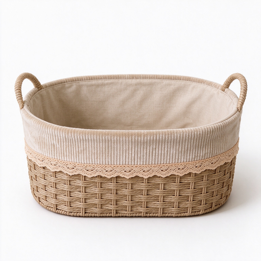 Oval Corduroy & Lace Storage Basket